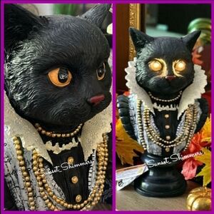 Vintage Style Ornate Lighted Gothic Mardi Gras Black Cat Salem Witch Bust figure